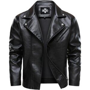 Mens Faux Leather Jacket HOOD CREW Motorcycle Biker Coat Zip Up Lapel Cool